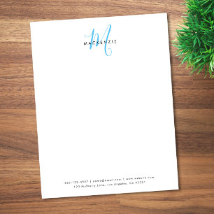 Elegant Modern White Sky Blue Script Monogram Custom Letterhead