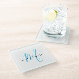 Elegant Modern White Sky Blue Script Monogram Glass Coaster