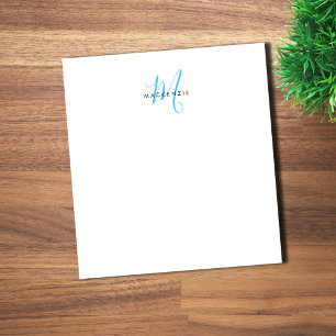 Elegant Modern White Sky Blue Script Monogram Notepad