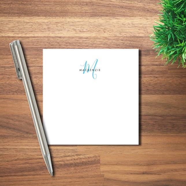 Elegant Modern White Sky Blue Script Monogram Post-it Notes (Creator Uploaded)