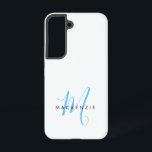 Elegant Modern White Sky Blue Script Monogram Samsung Galaxy Case<br><div class="desc">Elegant Modern White Sky Blue Script Monogram Phone Case.  An elegant sky blue script monogram combined with a clean black san-serif font makes for a contemporary look.</div>