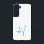 Elegant Modern White Sky Blue Script Monogram Samsung Galaxy Case<br><div class="desc">Elegant Modern White Sky Blue Script Monogram Phone Case.  An elegant sky blue script monogram combined with a clean black san-serif font makes for a contemporary look.</div>