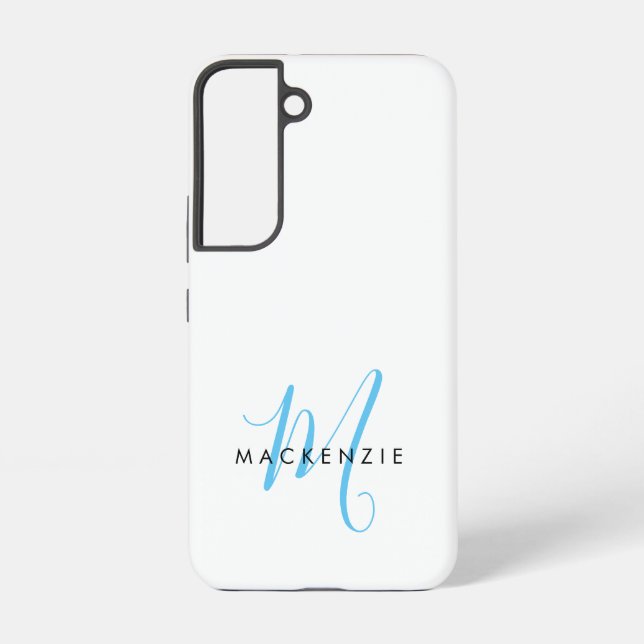 Elegant Modern White Sky Blue Script Monogram Samsung Galaxy S22 Case (Back)