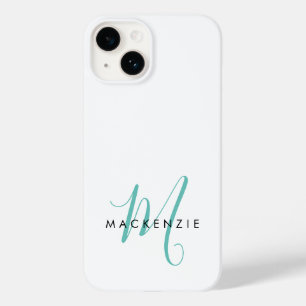 Elegant Modern White Teal Script Monogram Case-Mate iPhone 14 Case