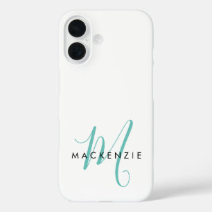 Elegant Modern White Teal Script Monogram iPhone 16 Case