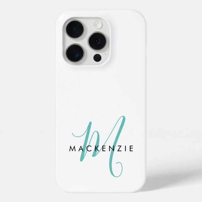 Elegant Modern White Teal Script Monogram Case-Mate iPhone Case (Back)