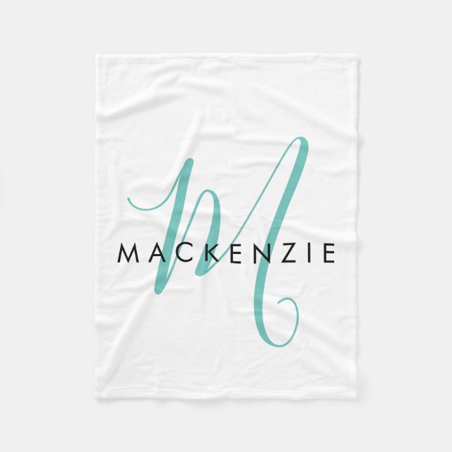 Elegant Modern White Teal Script Monogram Fleece Blanket (Front)