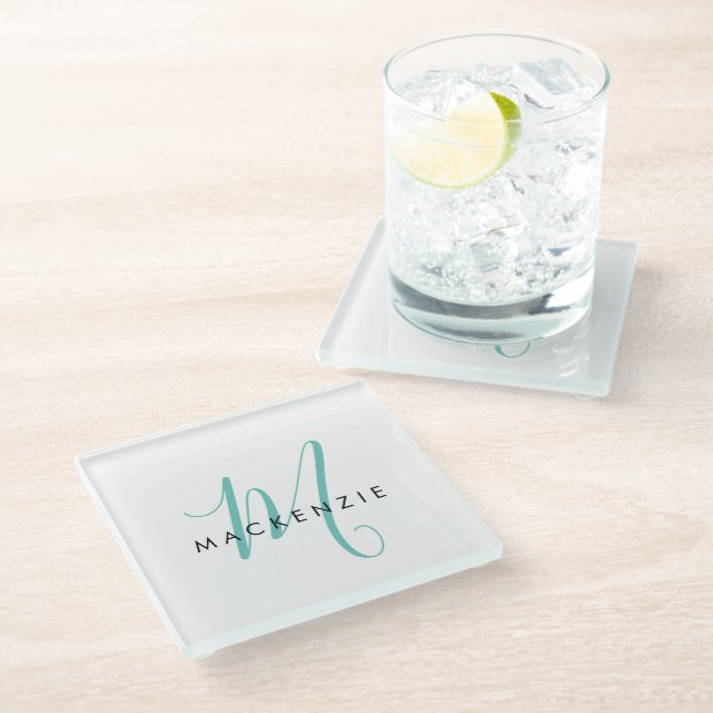 Elegant Modern White Teal Script Monogram Glass Coaster (Angled)