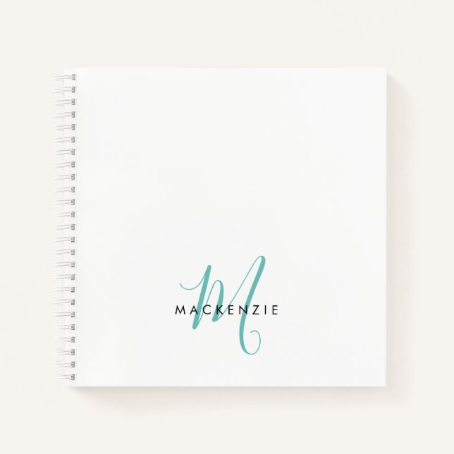 Elegant Modern White Teal Script Monogram Notebook (Front)
