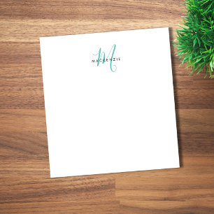 Elegant Modern White Teal Script Monogram Notepad