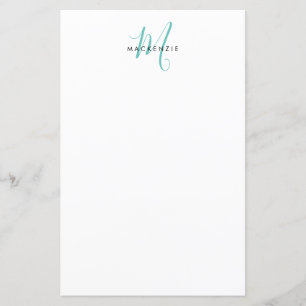 Elegant Modern White Teal Script Monogram Paper
