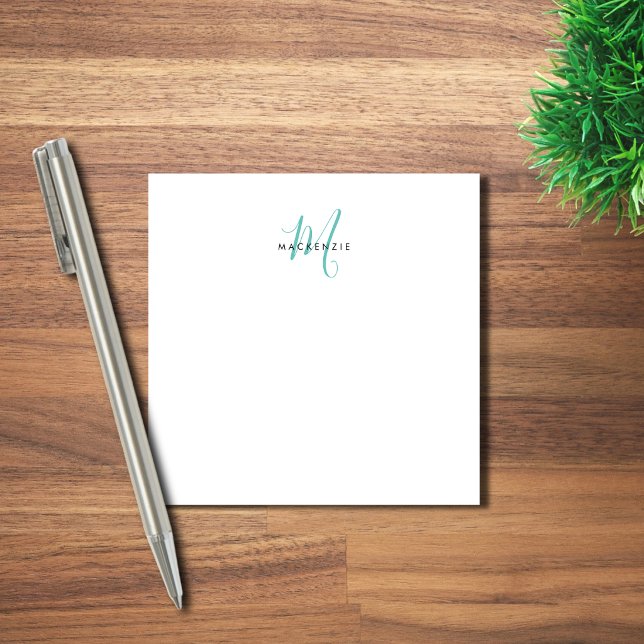 Elegant Modern White Teal Script Monogram Post-it Notes (Creator Uploaded)