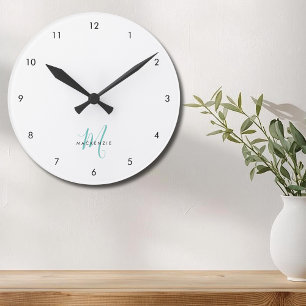 Elegant Modern White Teal Script Monogram Round Clock
