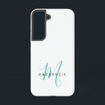 Elegant Modern White Teal Script Monogram Samsung Galaxy Case<br><div class="desc">Elegant Modern White Teal Script Monogram Phone Case.  An elegant teal script monogram combined with a clean black san-serif font makes for a contemporary look.</div>
