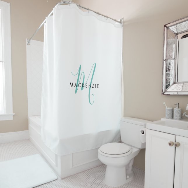 Elegant Modern White Teal Script Monogram Shower Curtain (In Situ)