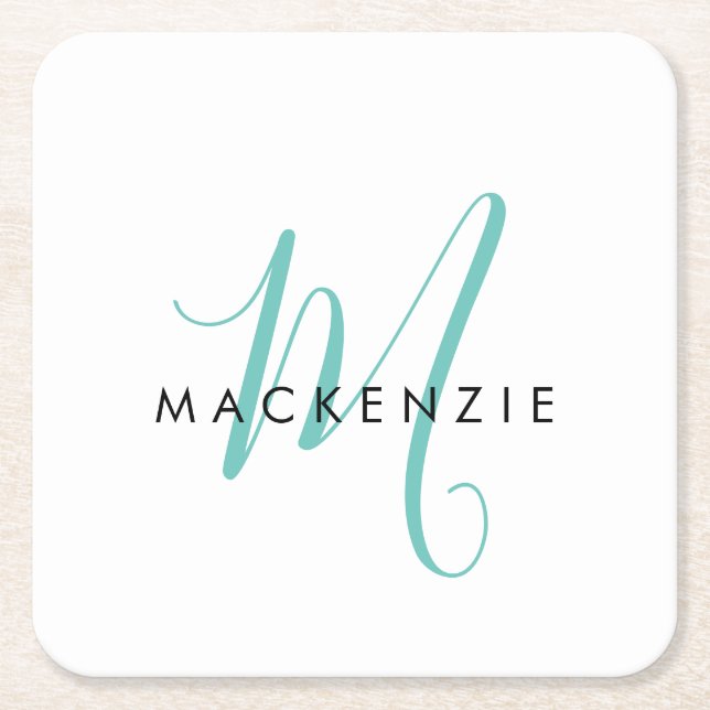 Elegant Modern White Teal Script Monogram Square Paper Coaster (Front)
