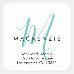Elegant Modern White Teal Script Monogram Square Sticker