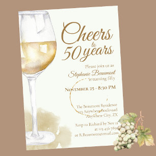 Elegant Modern White Wine Cheers 50th Birthday Invitation