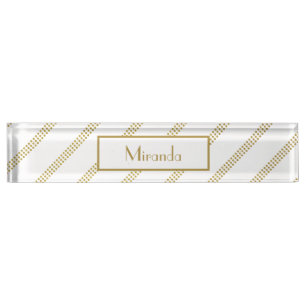 Elegant Modern White with Dotted Gold Lines Nameplate
