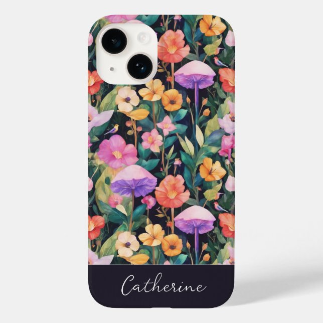 Elegant Modern Wildflower Mushroom Name on Black  Case-Mate iPhone Case (Back)