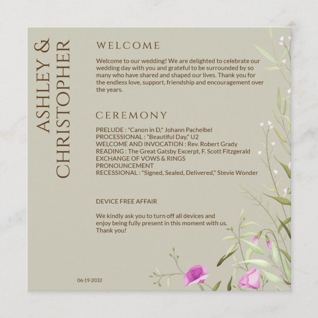 Elegant Modern Wildflower Taupe Wedding Program (Front)