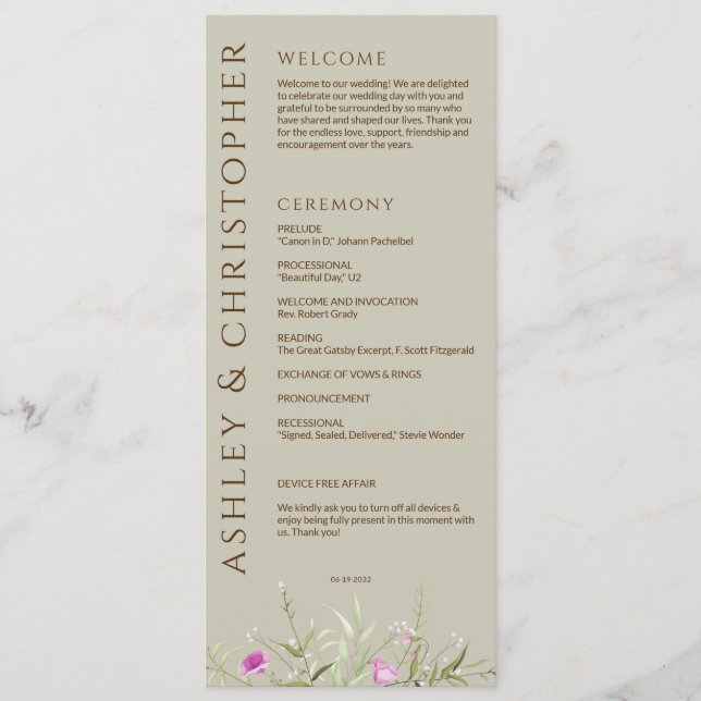 Elegant Modern Wildflower Taupe Wedding Program (Front)
