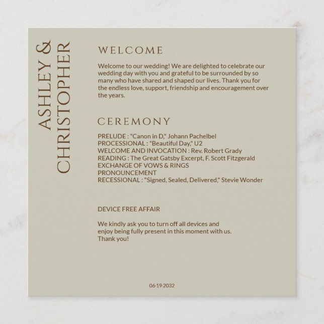Elegant Modern Wildflower Taupe Wedding Program (Front)