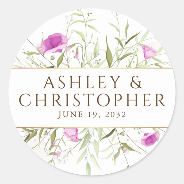 Elegant Modern Wildflower Wedding Classic Round Sticker (Front)