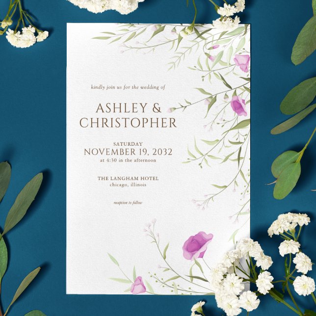 Elegant Modern Wildflower White & Bronze Wedding Invitation (Creator Uploaded)