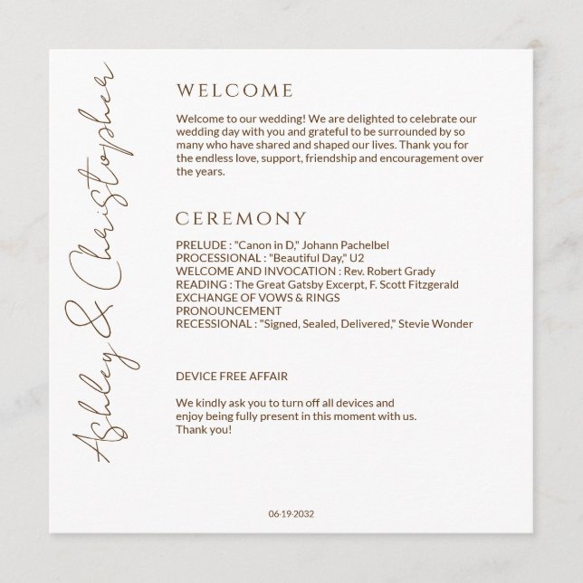 Elegant Modern Wildflower White & Bronze Wedding Program (Front)