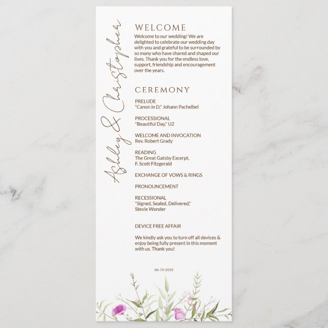 Elegant Modern Wildflower White & Bronze Wedding Program (Front)
