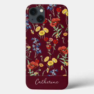 Elegant Modern Wildflowers Name Burgundy iPhone 13 Case
