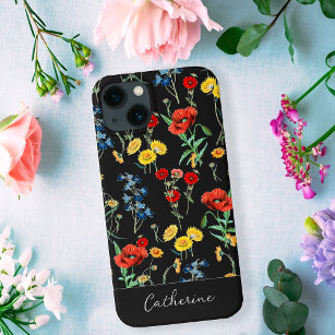 Elegant Modern Wildflowers Name on Black iPhone 13 Case