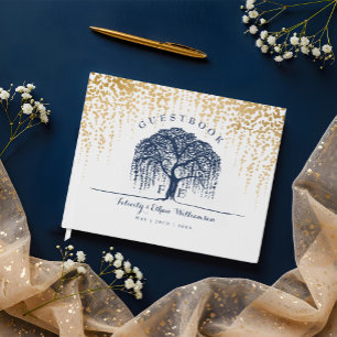 Elegant Modern Willow Tree Navy Blue Gold Wedding Guest Book