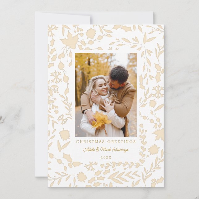 Elegant Modern Winter Botanical Photo-Gold Holiday Card (Front)