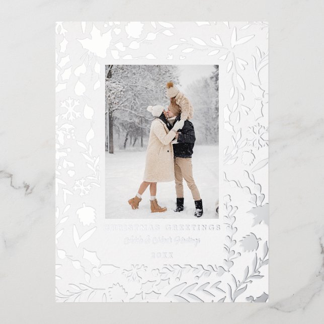 Elegant Modern Winter Botanical Photo-Silver Foil Holiday Postcard (Front)