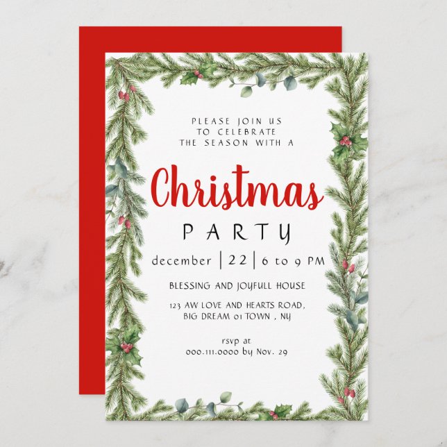 Elegant Modern Winter Greenery  Christmas Party Invitation (Front/Back)