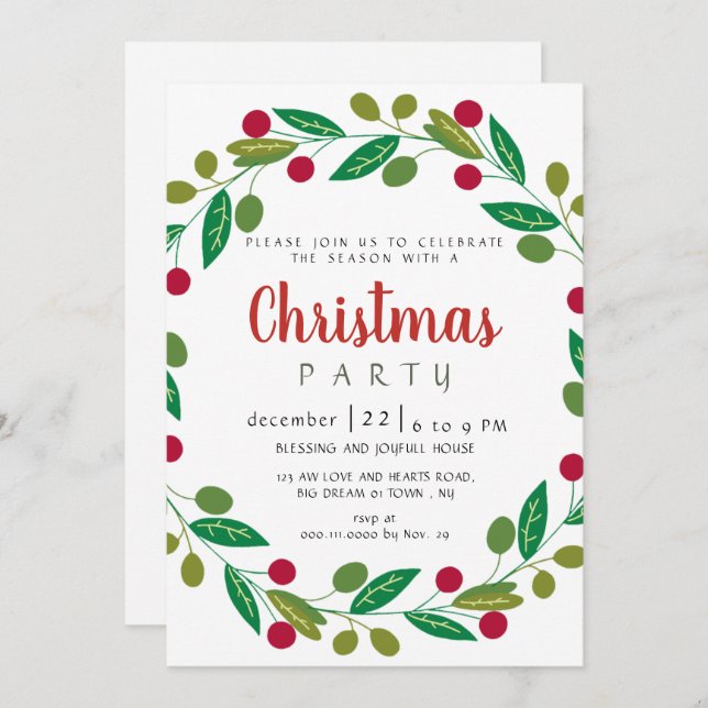 Elegant Modern Winter Greenery Christmas Party Invitation (Front/Back)