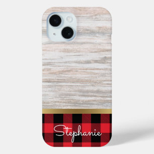 Elegant Modern Wood Gold Buffalo Plaid Name iPhone 15 Case