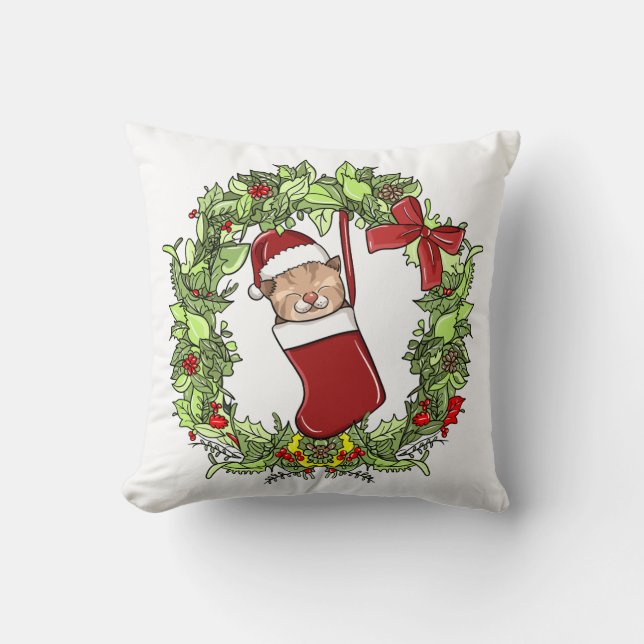 Elegant Modern Wreath Christmas Kitten in Stocking Cushion (Front)