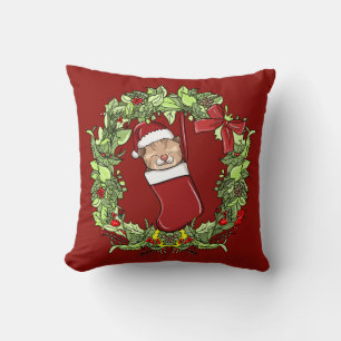 Elegant Modern Wreath Christmas Kitten in Stocking Cushion