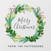 Elegant Modern Wreath Family Name Merry Christmas