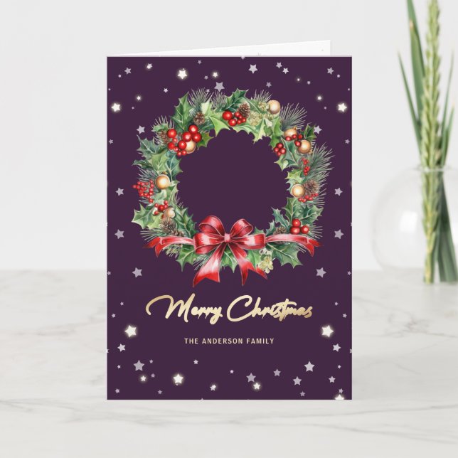 Elegant Modern Wreath Purple Photo Merry Christmas Holiday Card (Front)