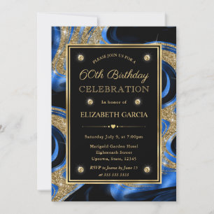 Elegant Molten Blue and Gold Glitter 60th Birthday Invitation