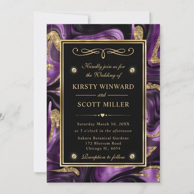 Elegant Molten Purple and Gold Glitter Wedding Invitation (Front)