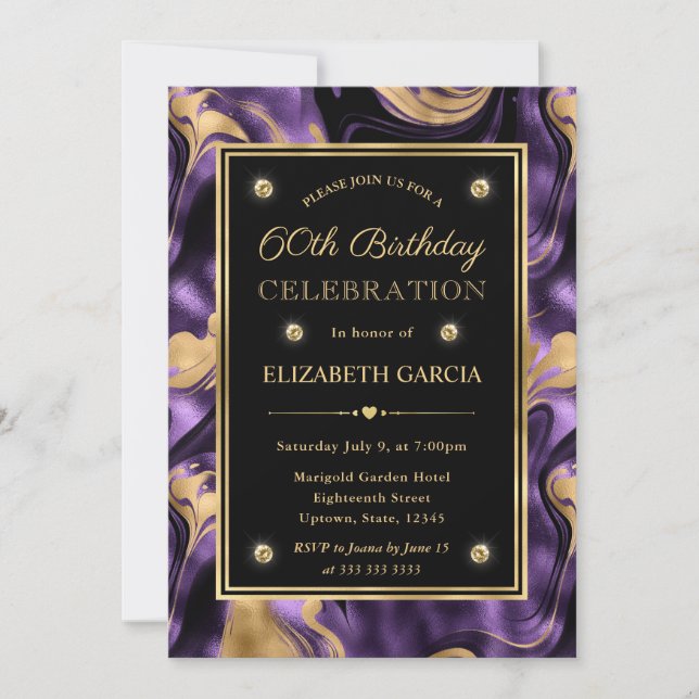 Elegant Molten Purple & Gold Glitter 60th Birthday Invitation (Front)