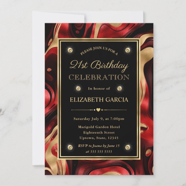 Elegant Molten Red and Gold Foil 21st Birthday Invitation (Front)