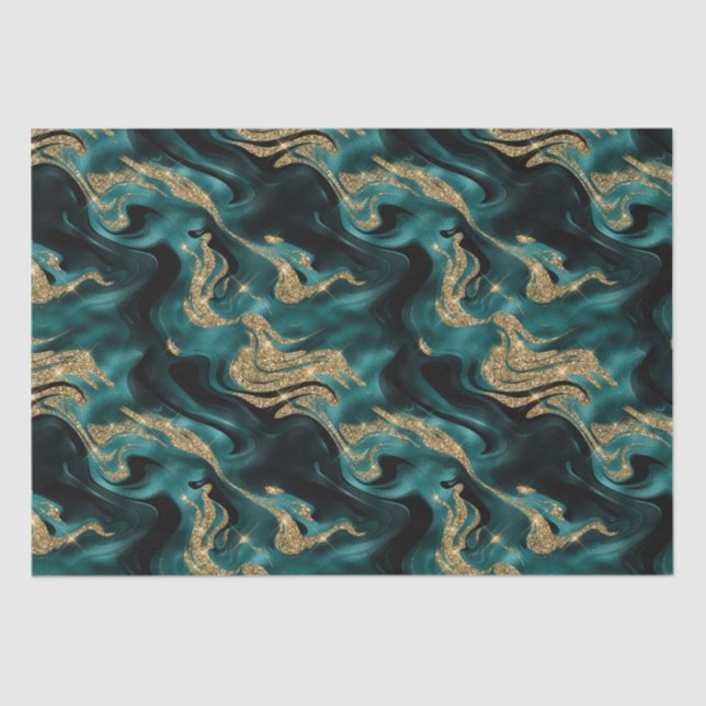 Elegant Molten Teal and Gold Glitter Birthday Tissue Paper (Front)
