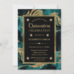 Elegant Molten Teal and Gold Glitter Quinceanera Invitation