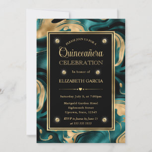 Elegant Molten Teal and Gold Glitter Quinceanera Invitation